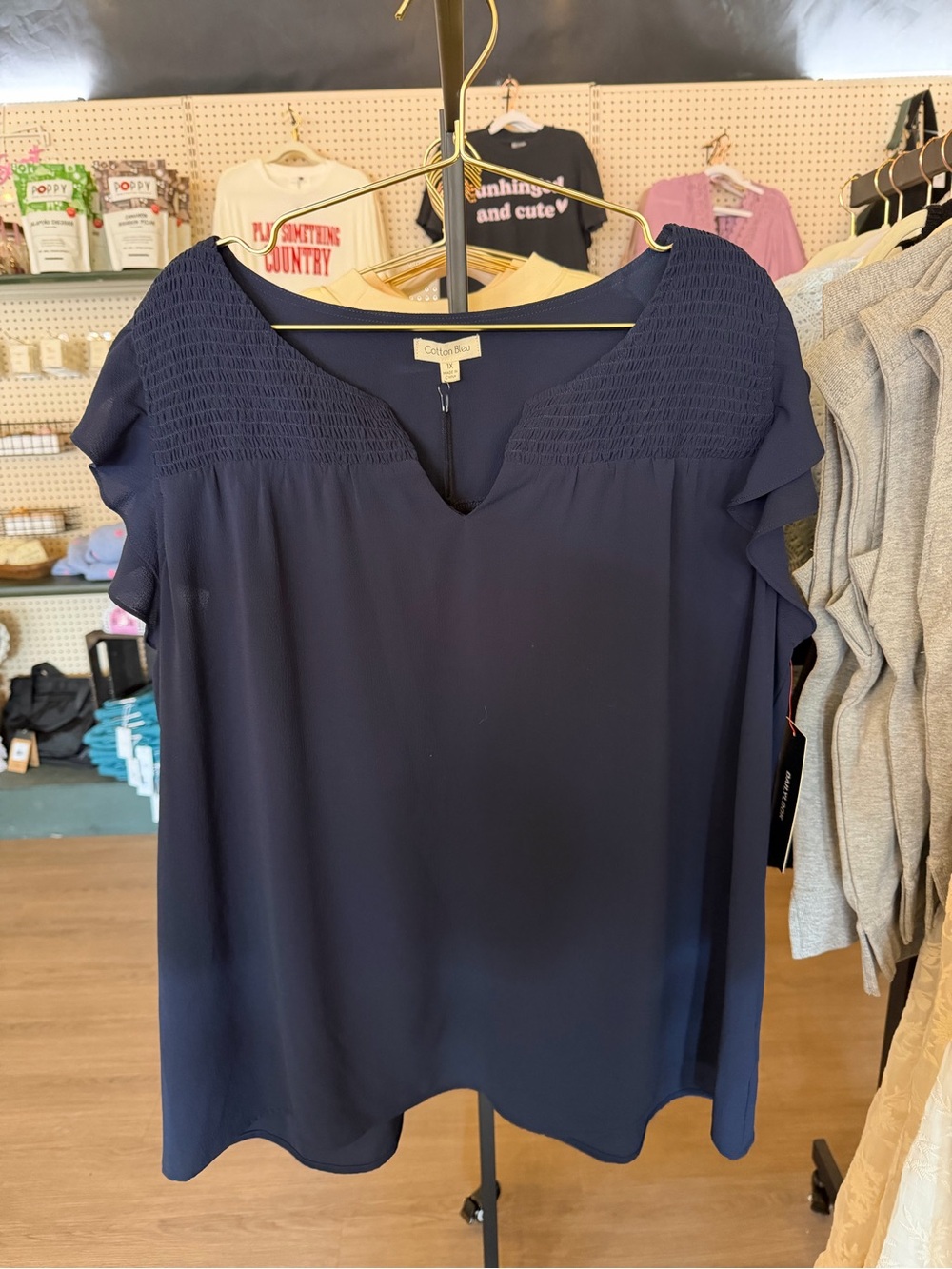 Cotton Bleu Navy Smocked Yoke Short Sleeve Top (BOX 6)